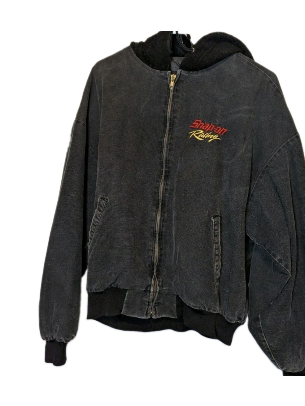 Vintage Snap-on Racing Faded Black Canvas Hooded Work Jacket Quilted Lined Mens